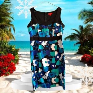 Signature by Sangria, Tropical Island Floral Knee Length, Black/Blue, Dress, 16